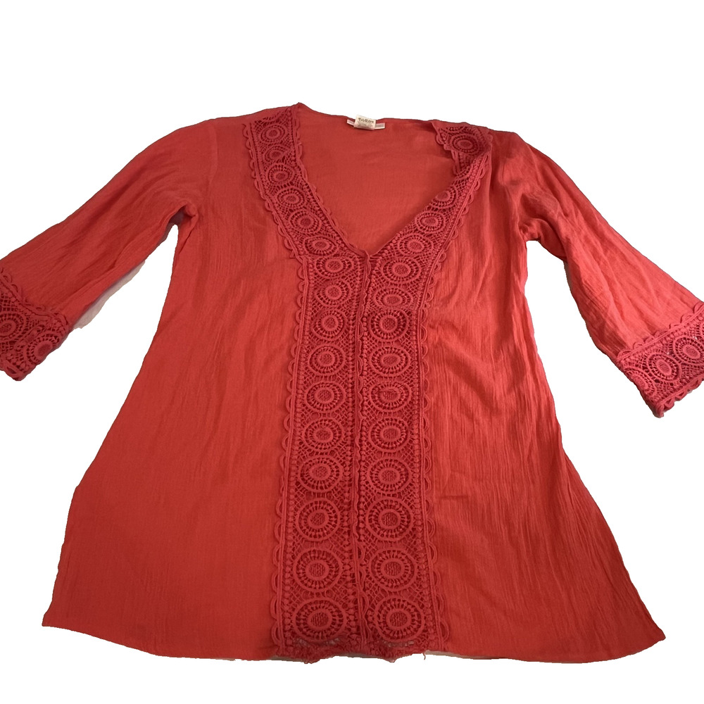La Blanca Red Tunic Blouse Lace Trim Boho Beach Top XS